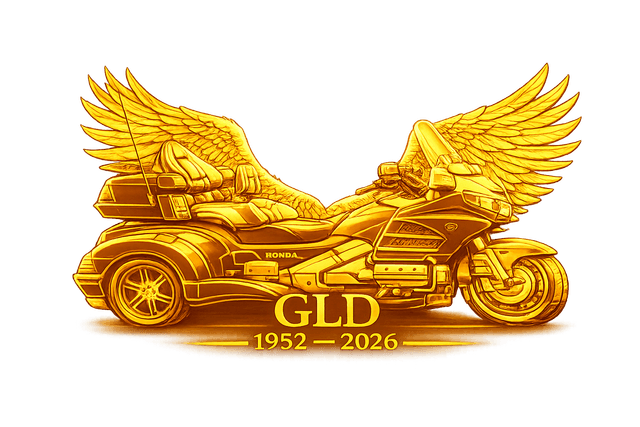 GLD memorial graphic with a gold motorcycle, wings, and the dates 1952 to 2026